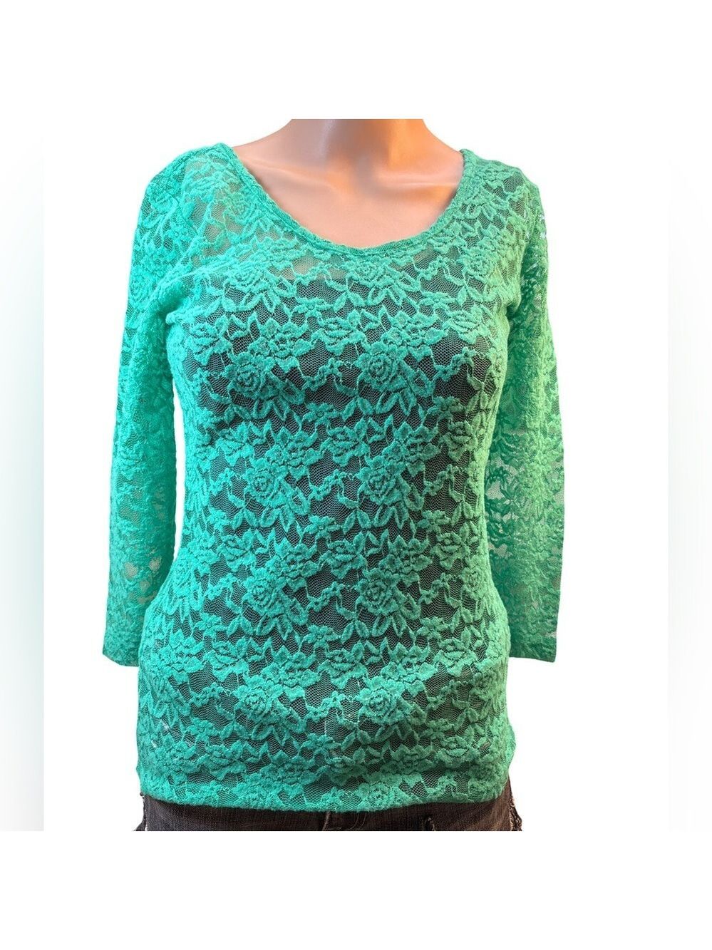 Decree Green Long Sleeve Sheer Lace Top Medium